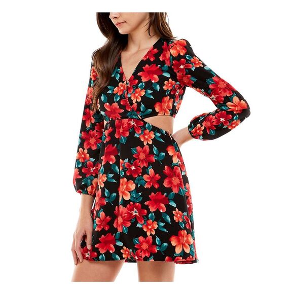 CITY STUDIO Womens Cutout Sides And Back Blouson Sleeve Mini Fit + Flare Dress - Picture 3 of 4